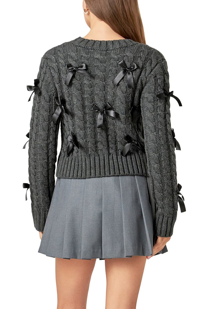 Bow Accent Cable Crewneck Sweater, Alternate, color, CHARCOAL