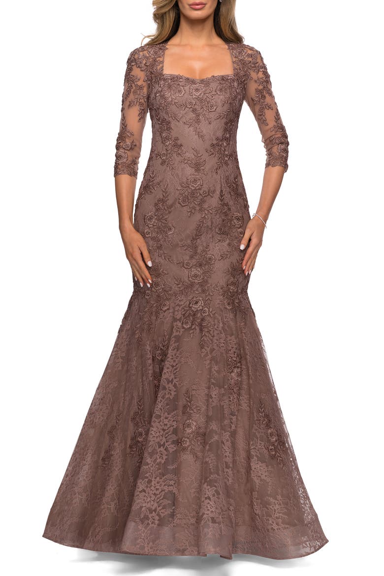 Floral Lace & Tulle Mermaid Gown, Main, color, COCOA