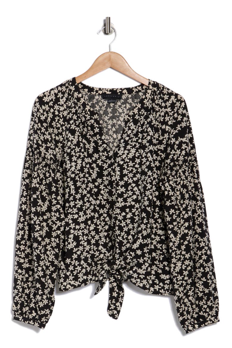 Tie Front Button-Up Shirt, Alternate, color, PRIMROSE BLACK/ IVORY