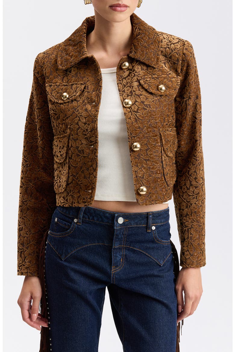 Flocked Floral Jacquard Cropped Jacket, Alternate, color, COGNAC
