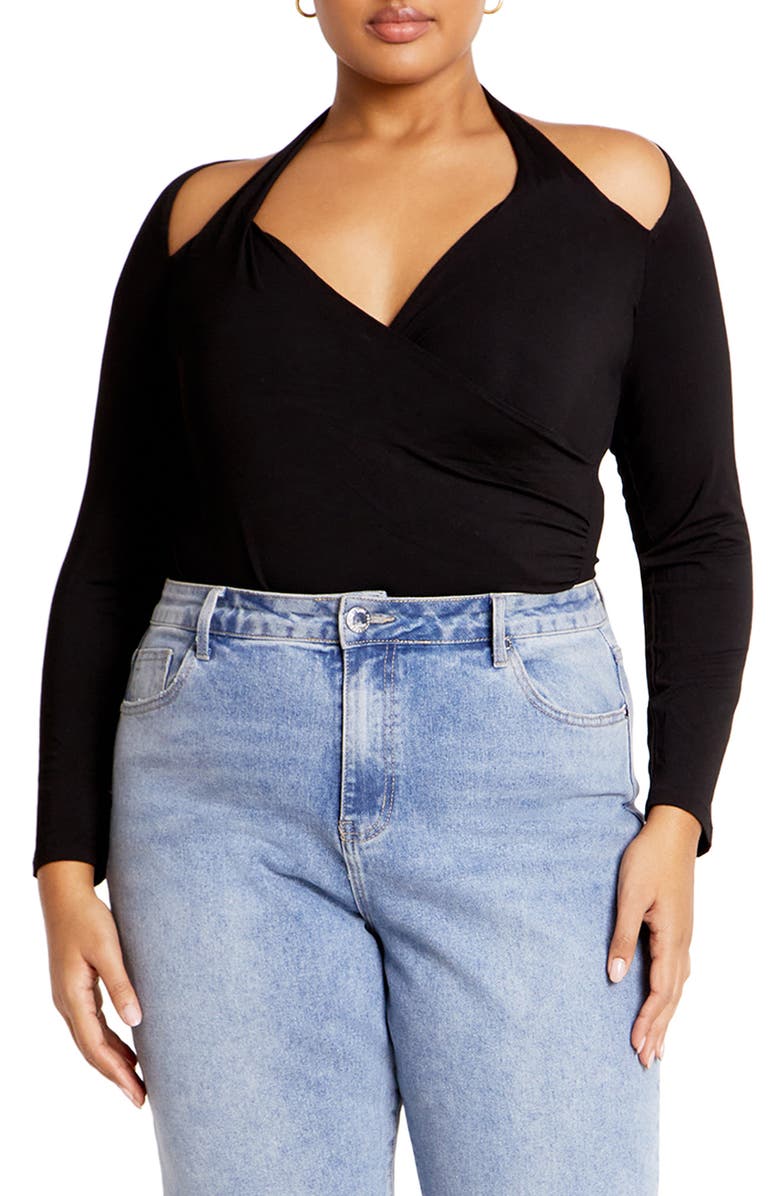 City Chic Keyla Halter Long Sleeve Bodysuit, Main, color, 