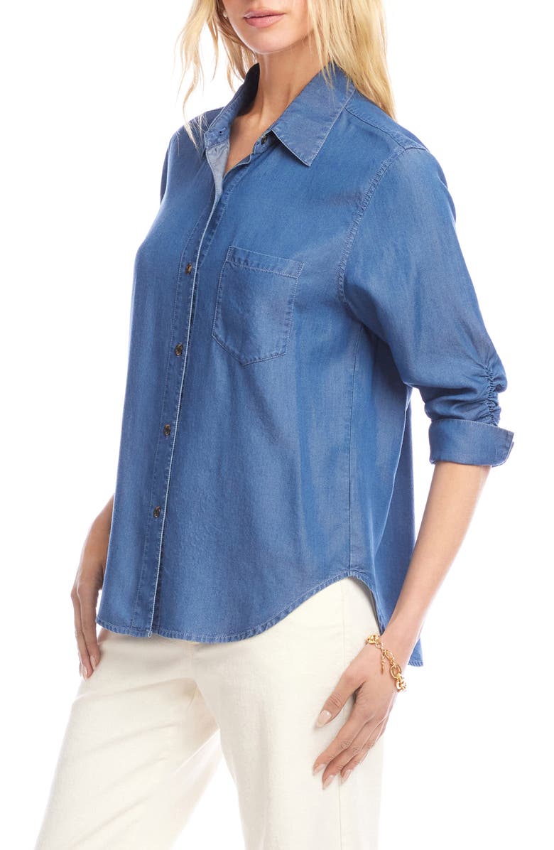 Karen Kane Ruched Sleeve Button-Up Shirt, Alternate, color, Chambray Blue