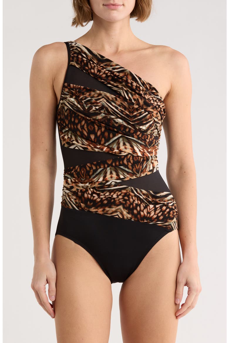 Jena Tigress One-Shoulder One-Piece Swimsuit, Main, color, BLACK MULTI