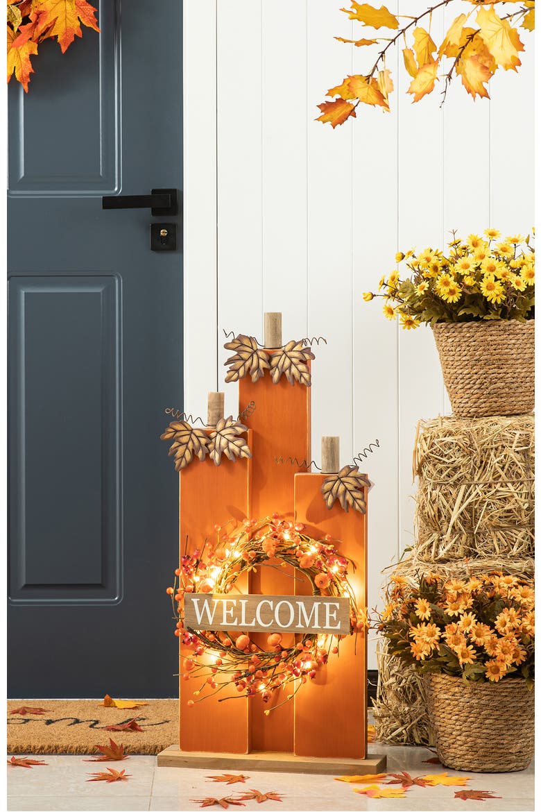 30"H Fall Lighted Wooden Pumpkin Decor with Timer, Alternate, color, Orange