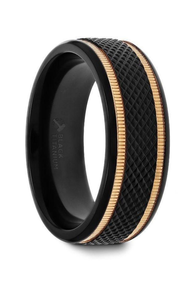 Baroque Titanium Diamond Pattern Wedding Ring, Main, color, Black / Gold