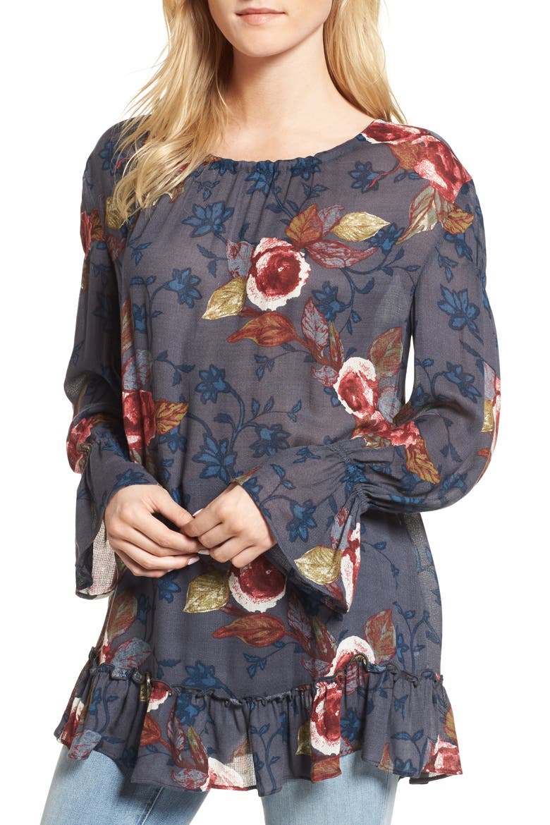 Tie Back Tunic, Main, color, NAVY CHARCOAL PRECIOUS FLORAL