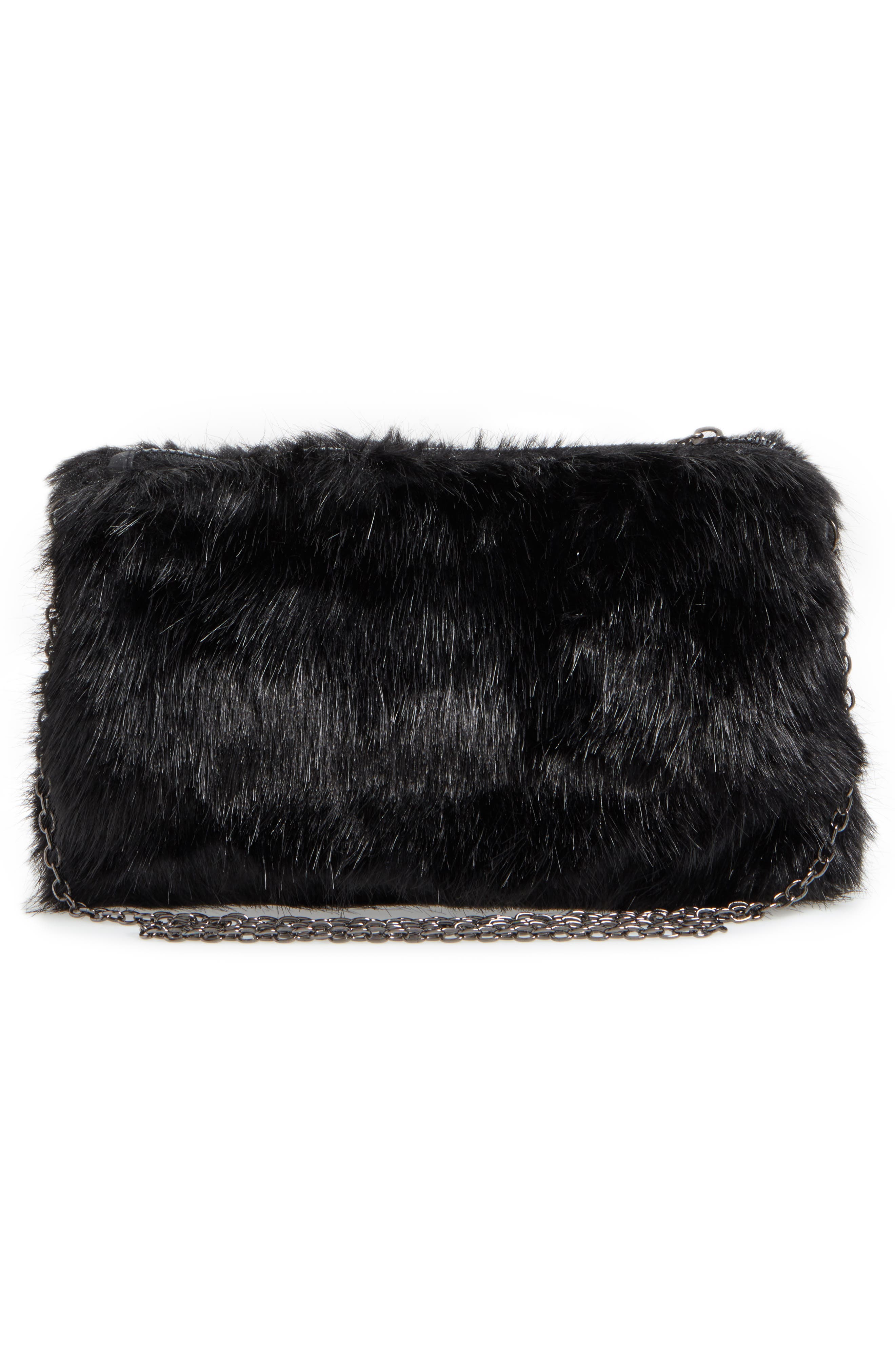 Faux Fur Clutch, Alternate, color, BLACK