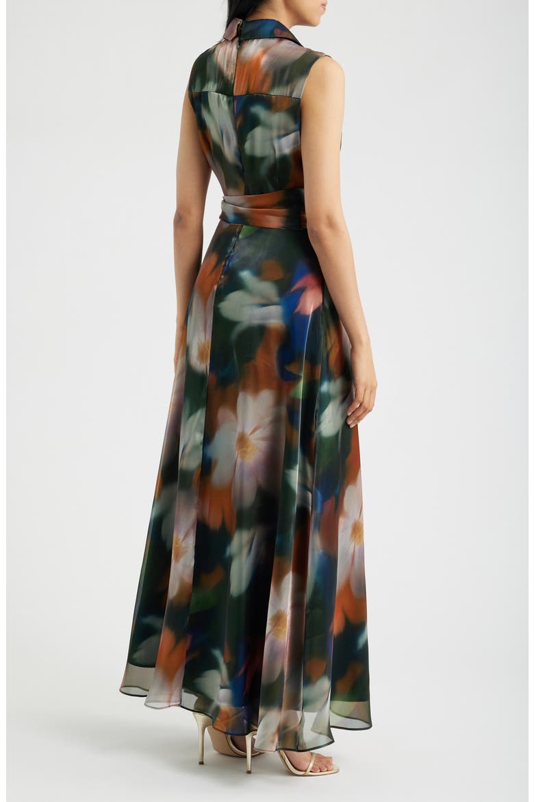 Print Tie Waist Sleeveless Organza Gown, Alternate, color, BROWN MULTI