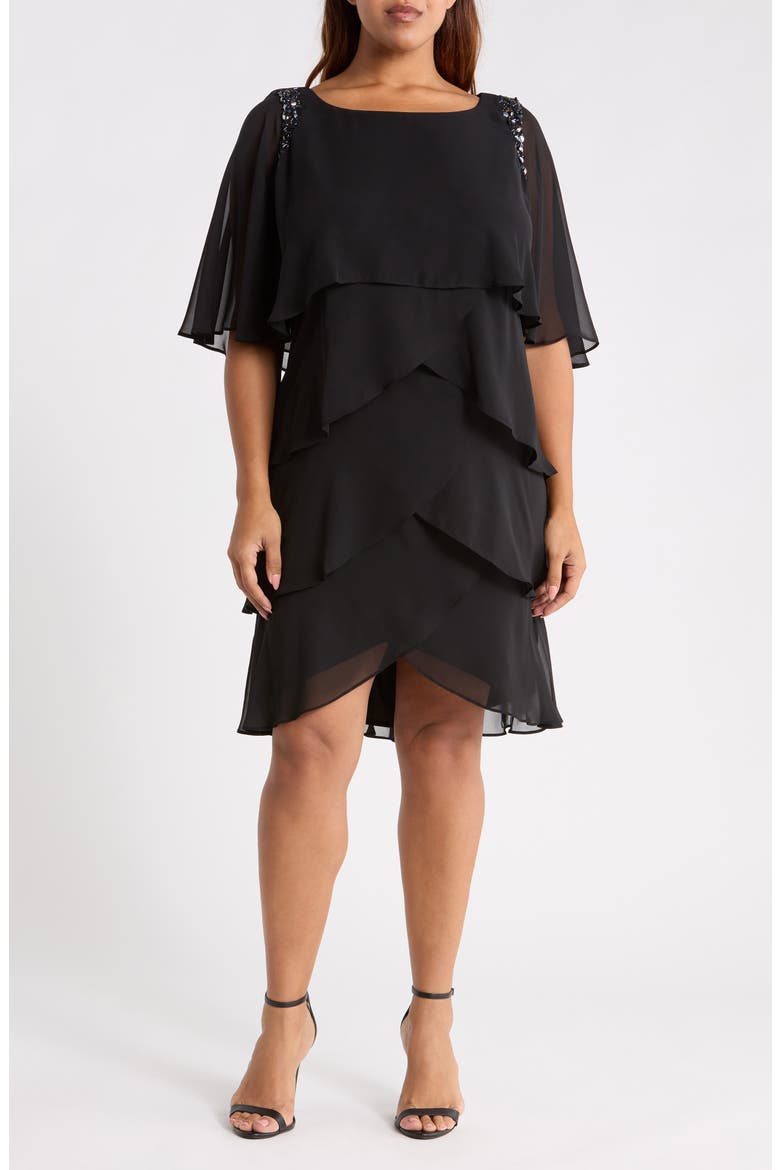Cape Overlay Beaded Cocktail Dress, Main, color, BLACK