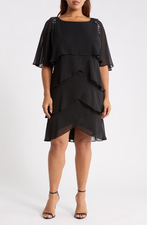 Cape Overlay Beaded Cocktail Dress