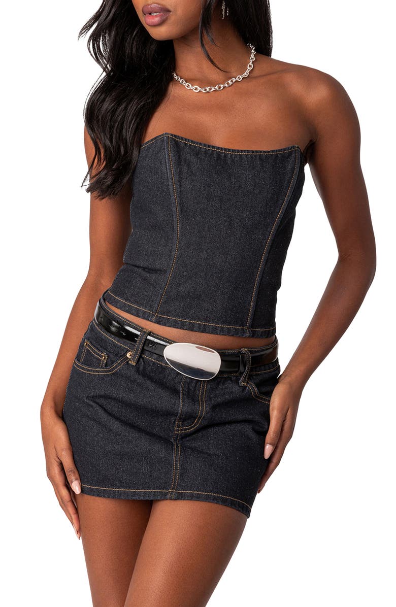 EDIKTED Foster Lace-Up Strapless Denim Corset, Main, color,