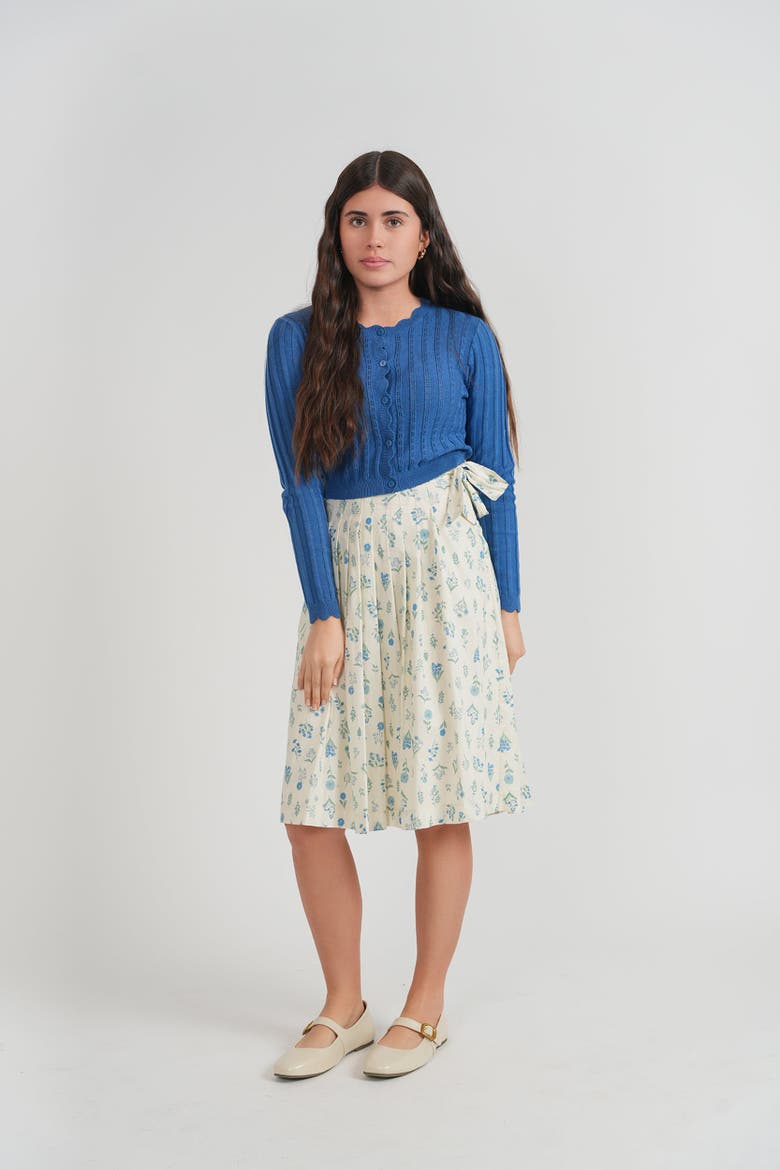 Girls Two-Piece Pointelle Cardigan and Floral Skirt Set, Alternate, color, Blue