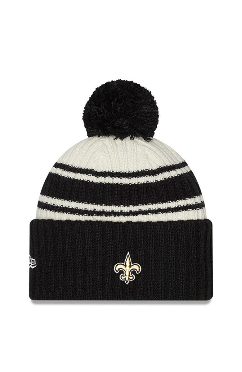 New Era Men's New Era Cream/Black New Orleans Saints 2022 Sideline Sport Cuffed Pom Knit Hat, Alternate, color,