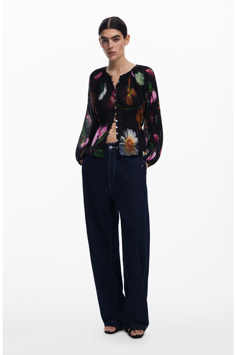 Floral Print Plissé Top, Alternate, color, BLACK