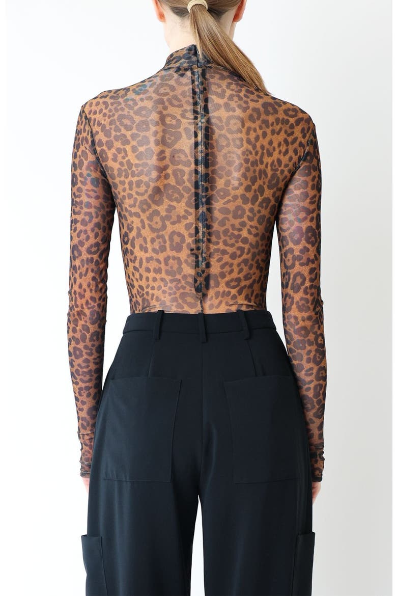 Printed Mesh Mock Neck Bodysuit, Alternate, color, Leopard