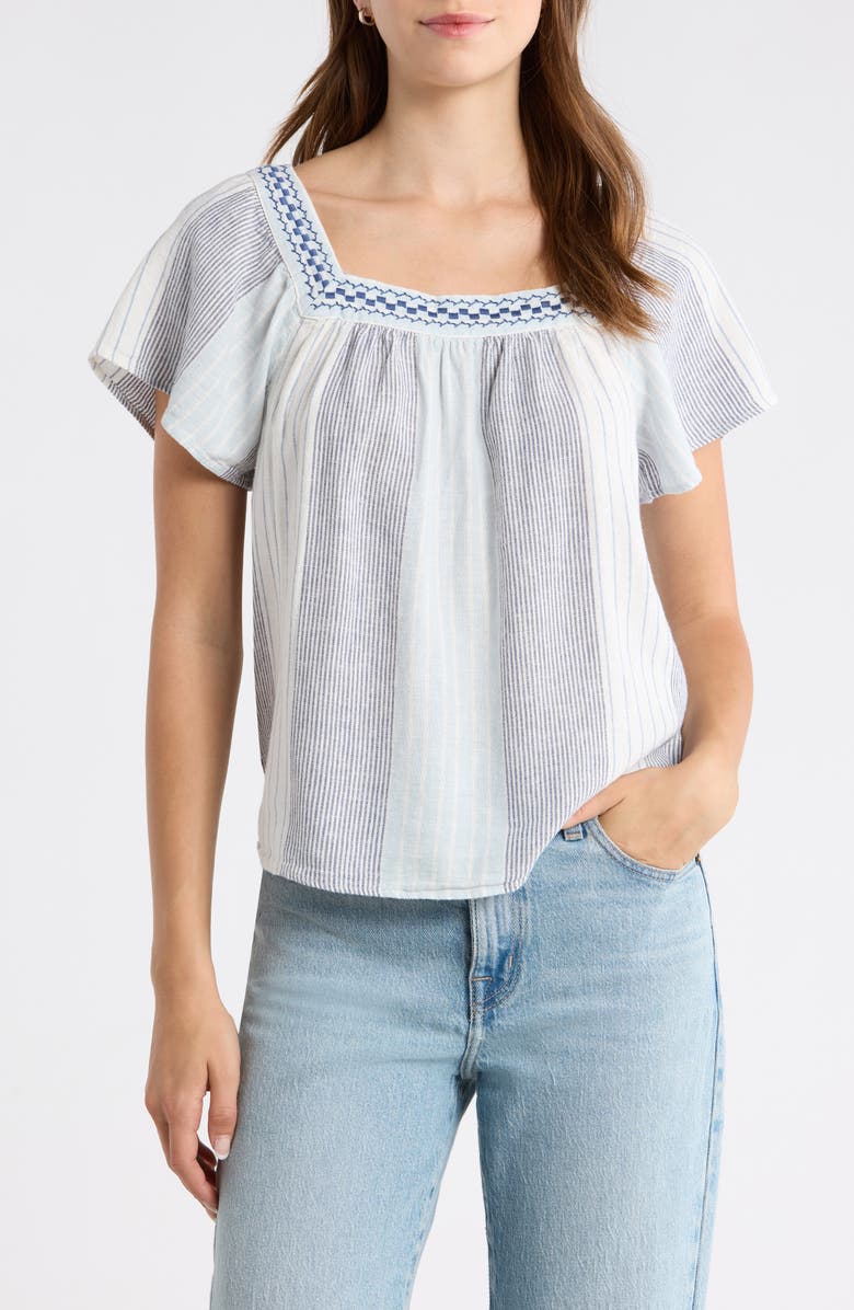 Lucky Brand Stripe Embroidered Square Neck Linen Blend Top, Main, color, Blue Stripe