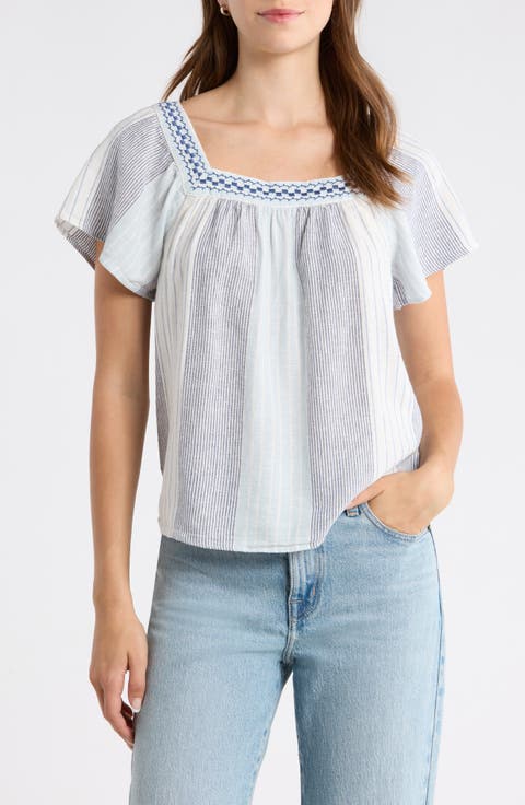 Stripe Embroidered Square Neck Linen Blend Top