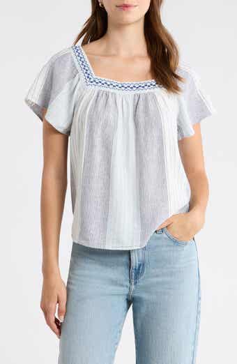 Stripe Embroidered Square Neck Linen Blend Top