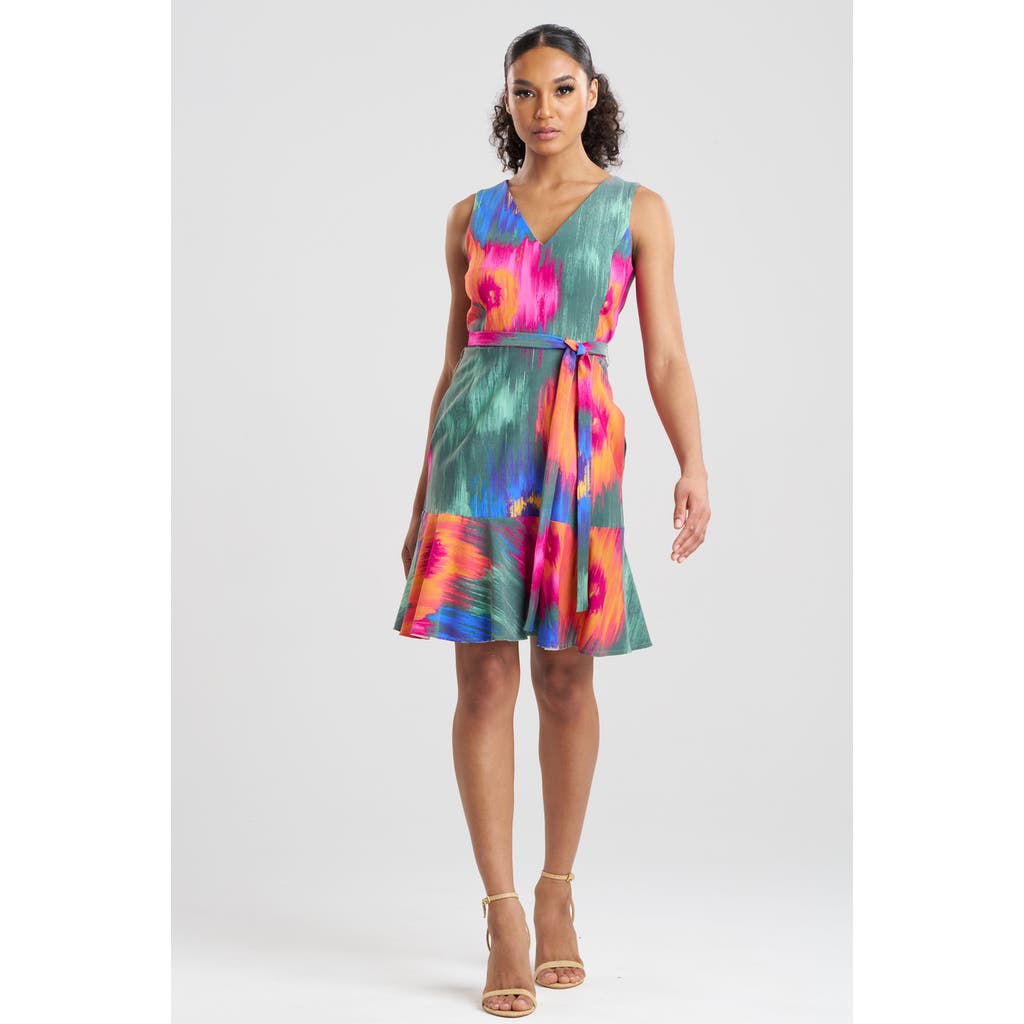 Natori Multi Floral Belted Ruffle Hem Dress