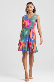 Natori MULTI FLORAL Belted Ruffle Hem Dress