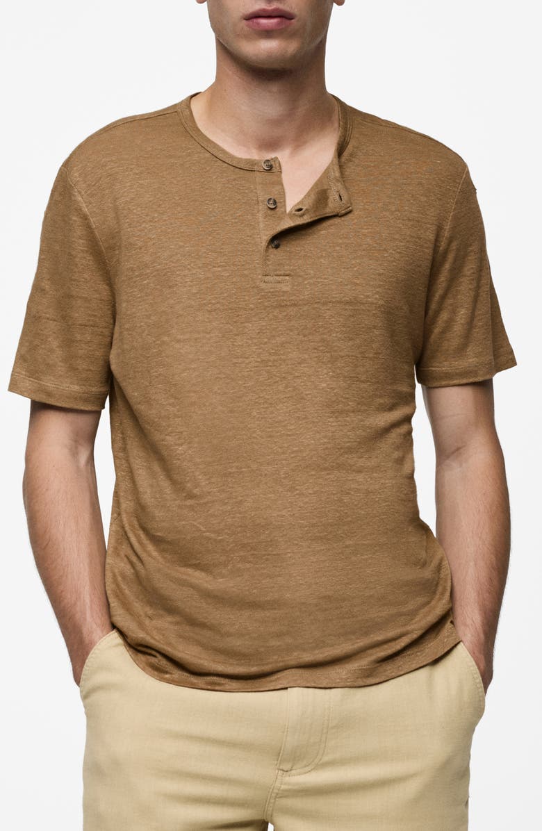 MANGO Slim Fit Linen Blend Henley, Main, color, Beige