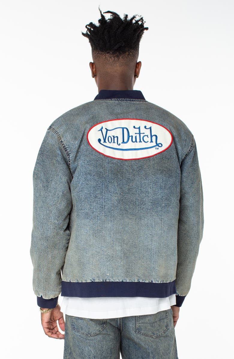 Von Dutch Bones Denim Bomber Jacket, Alternate, color, Hazestone