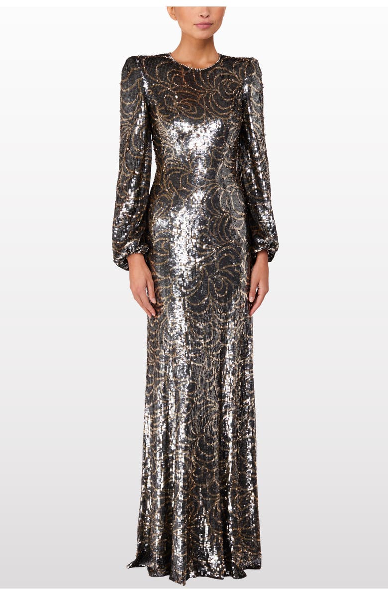 Jenny Packham Paradise sequin-embellished puff-sleeve maxi dress, Alternate, color, Shadow Grey
