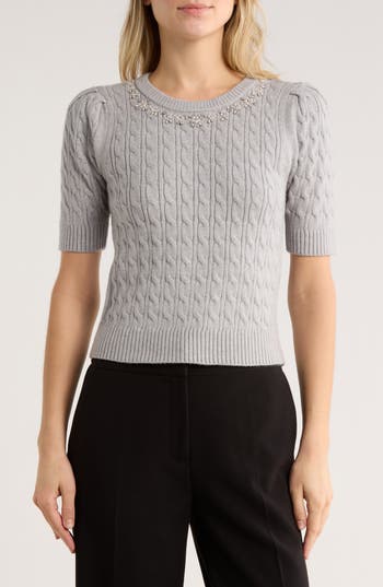 Elie Elie Tahari Jeweled Short Sleeve Sweater In Gray