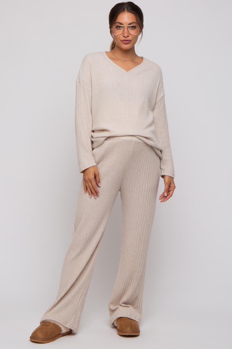 Ribbed Soft Knit Long Sleeve Pajama Set, Alternate, color, Beige