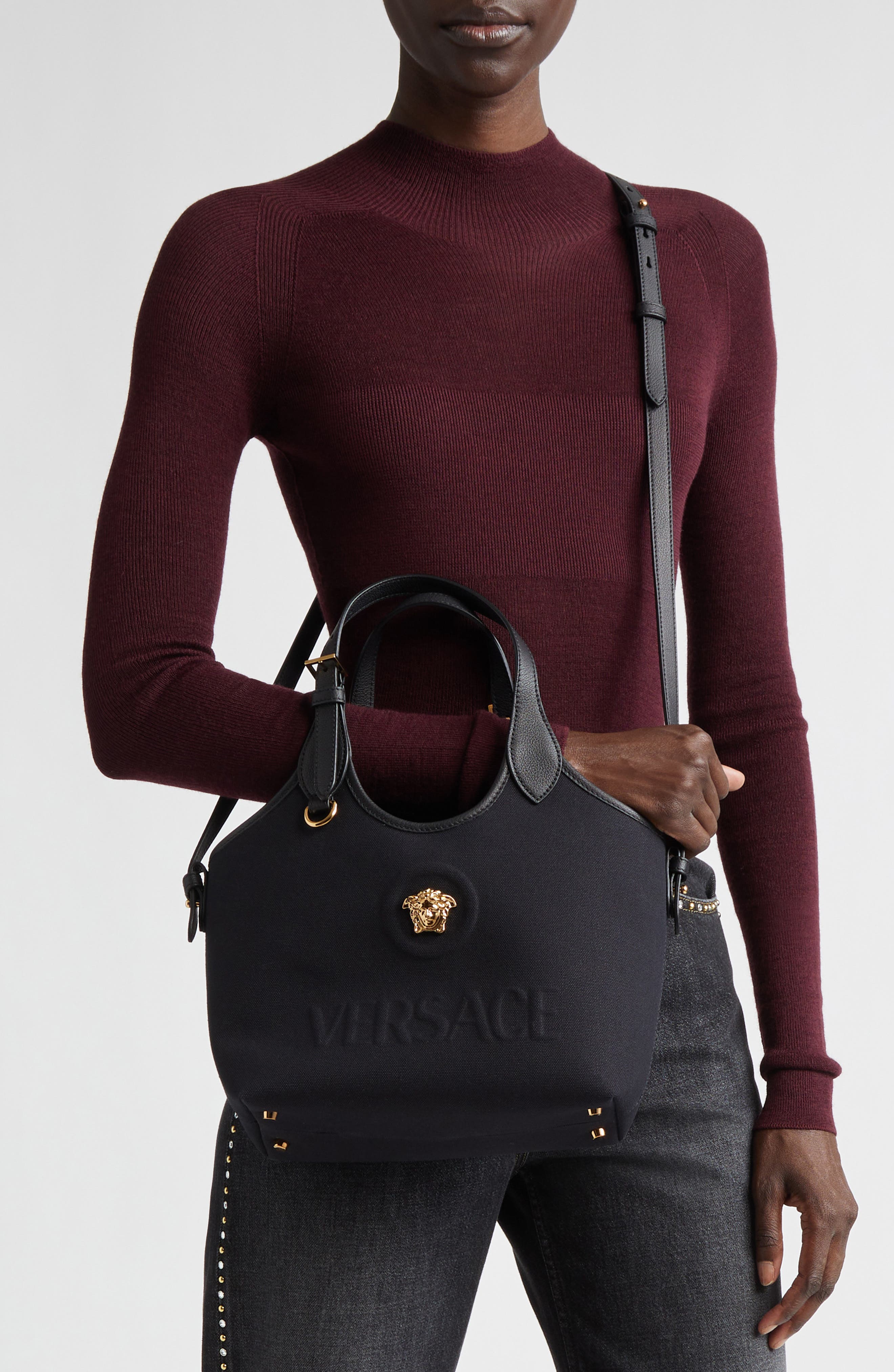 Versace Mini La Medusa Canvas Tote, Alternate, color, Black-Versace Gold
