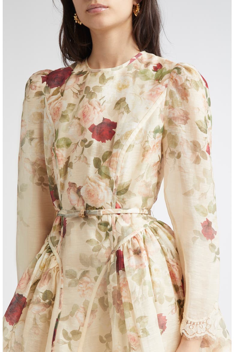 Zimmermann Hypnotic Lace Trim Long Sleeve Belted Linen & Silk