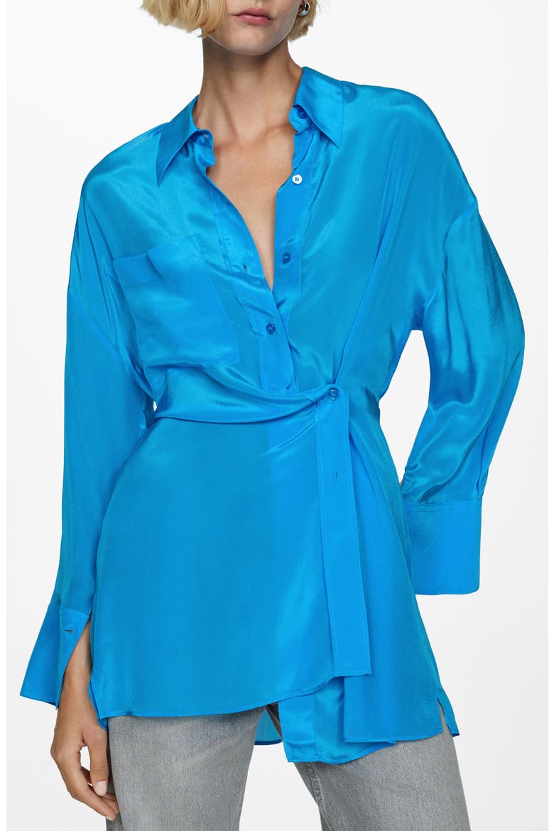 Asymmetric Closure Satin Button-Up Shirt, Main, color, BLUE