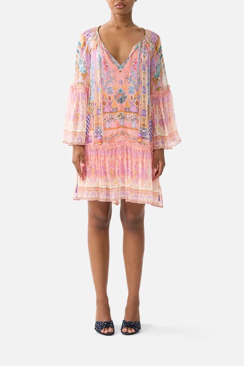 Short Dropped Waist Dress With Bell Sleeve