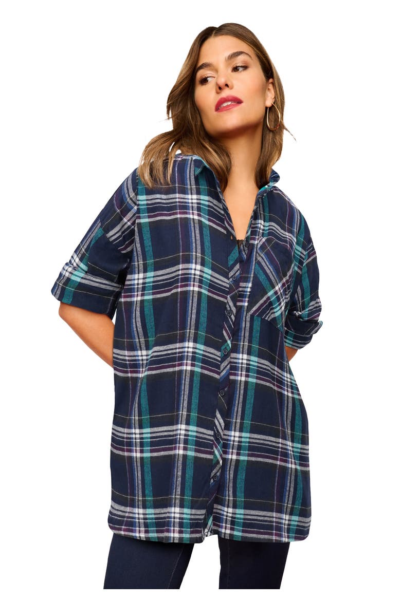 Plaid Flannel Tunic, Main, color, NAVY LIGHT JADE PLAID