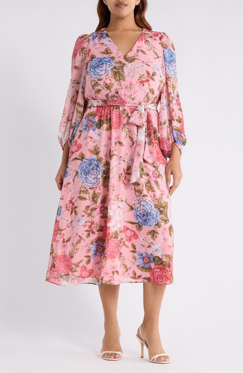 Anne Klein Floral Midi Dress, Main, color, Calypso Coral Multi