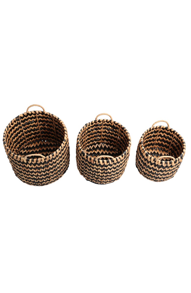 HAPPIMESS Cassia Coastal Farmhouse Handwoven Two-Tone Water Hyacinth Nesting Storage Baskets with Handles, Alternate, color, Black/Natural