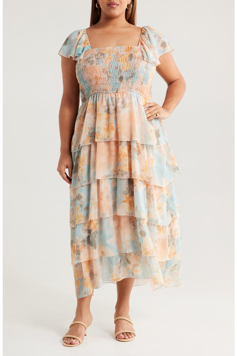 Smocked Bodice Metallic Tiered Maxi Dress, Main, color, PEACH/ AQUA