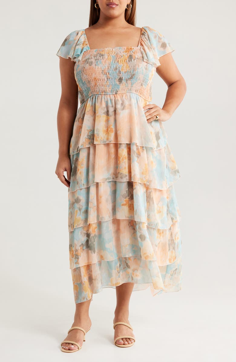 Socialite Smocked Bodice Metallic Tiered Maxi Dress, Main, color, Peach/ Aqua