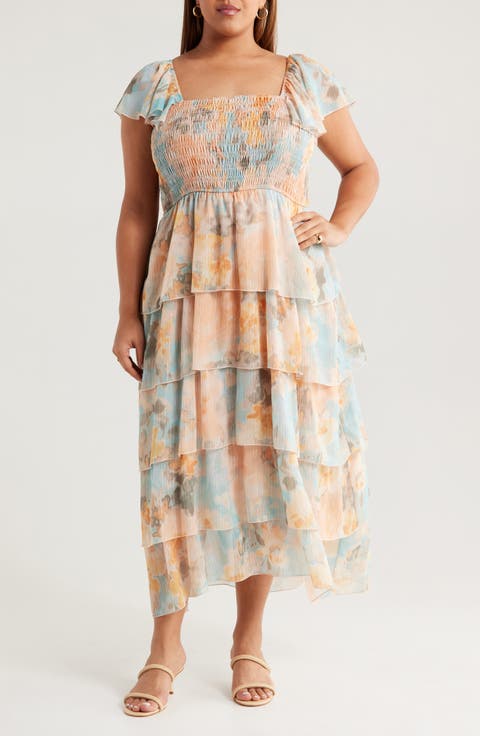 Smocked Bodice Metallic Tiered Maxi Dress (Plus)