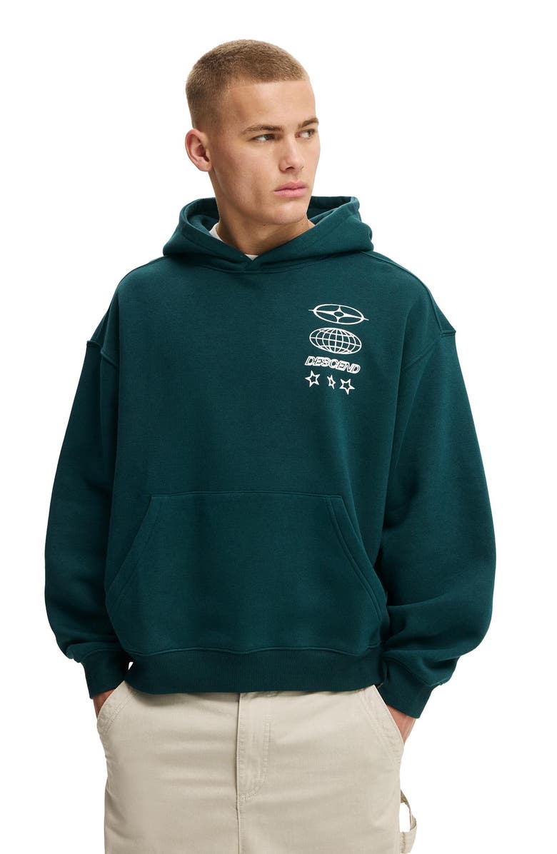 Cotton On Men's Box Fit Graphic Hoodie, Main, color, Deep Sea Teal Descend