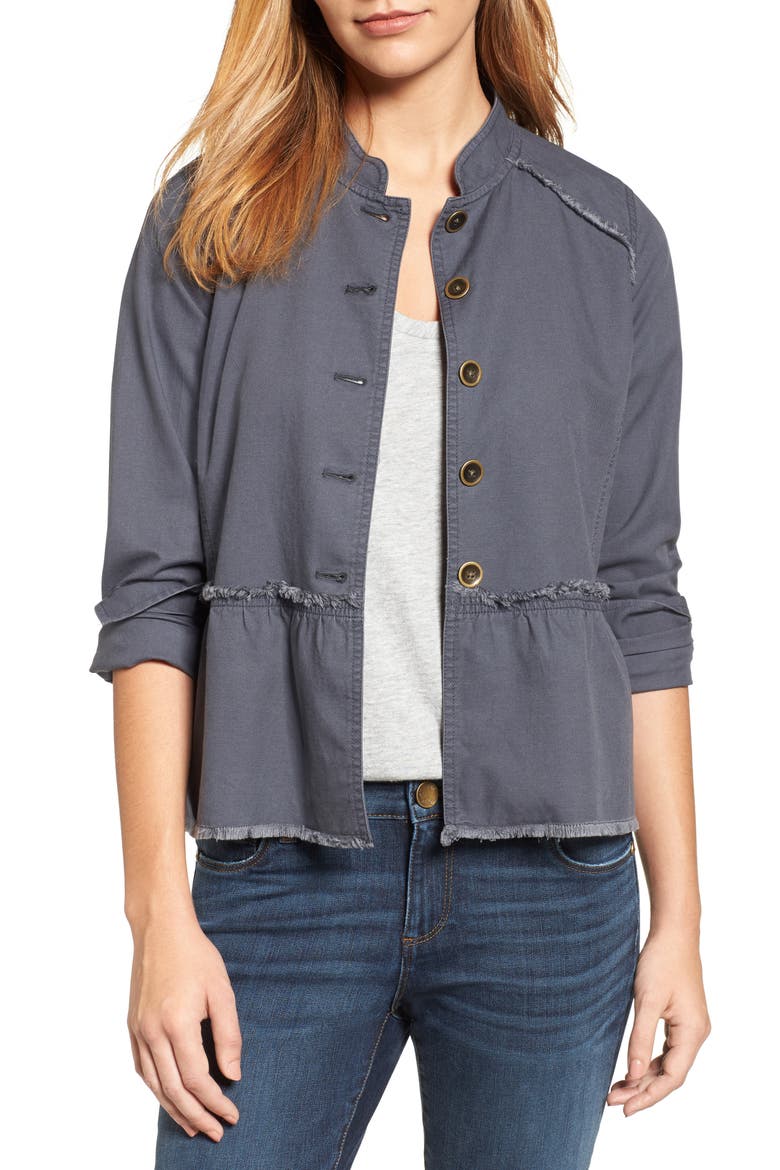 Twill Peplum Jacket, Main, color, GREY EBONY