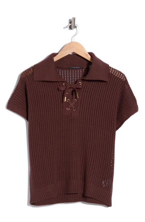 Tie Neck Short Sleeve Open Stitch Sweater