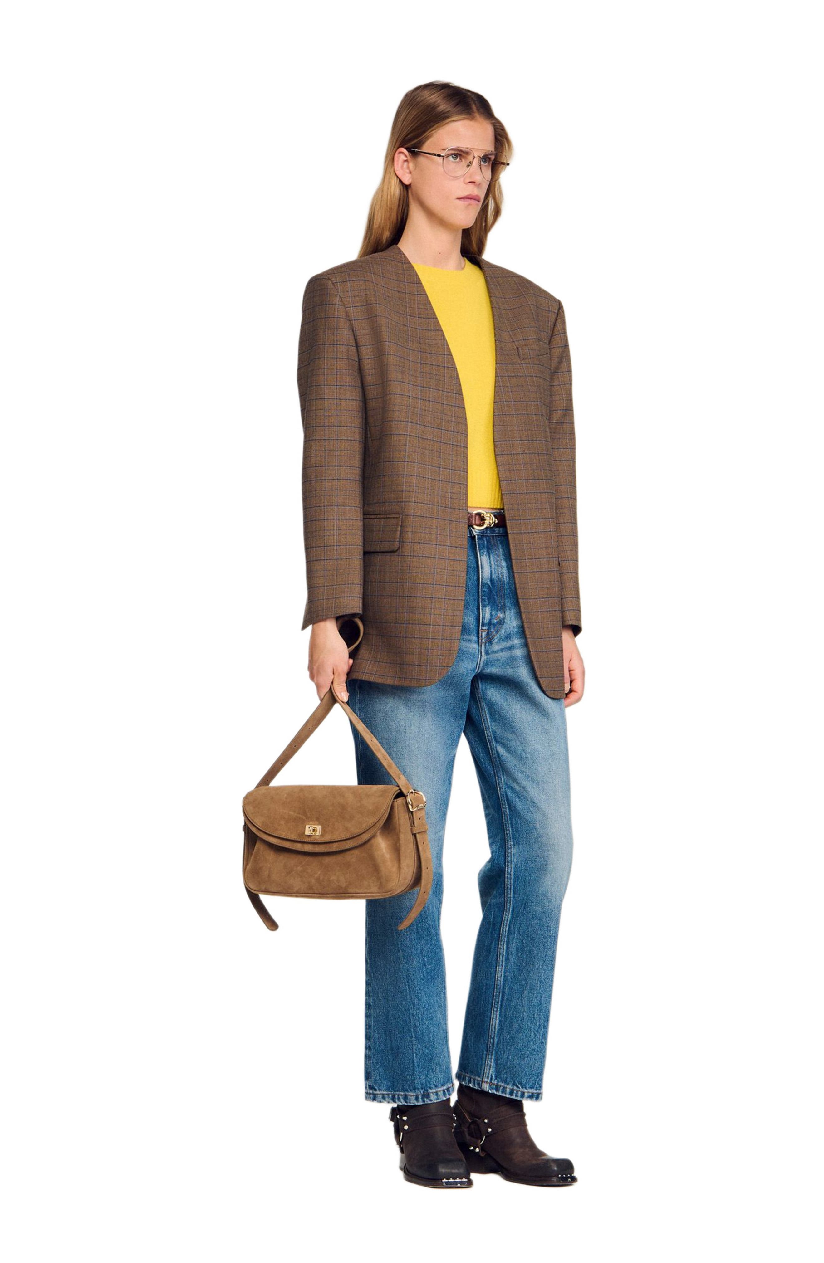 SANDRO Le Mambo suede leather bag, Alternate, color, Beige