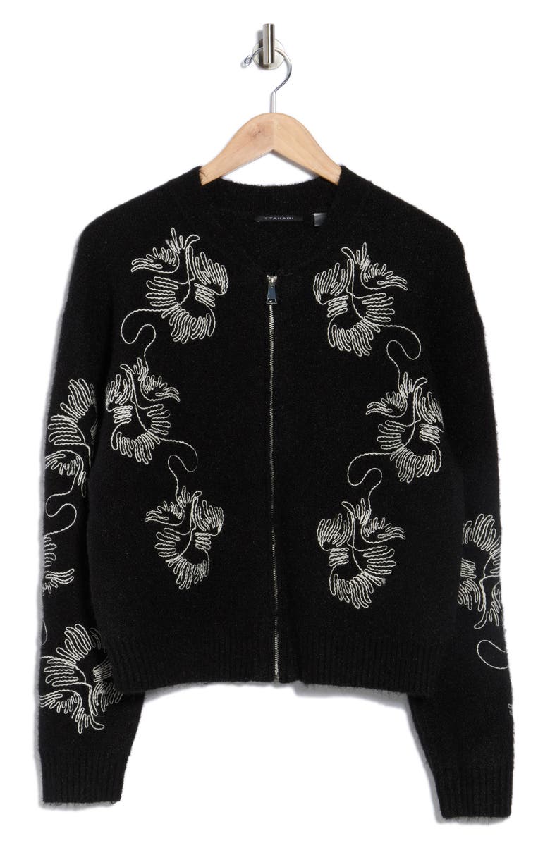 T Tahari Embroidered Full Zip Cardigan, Alternate, color, Black/ Ivory