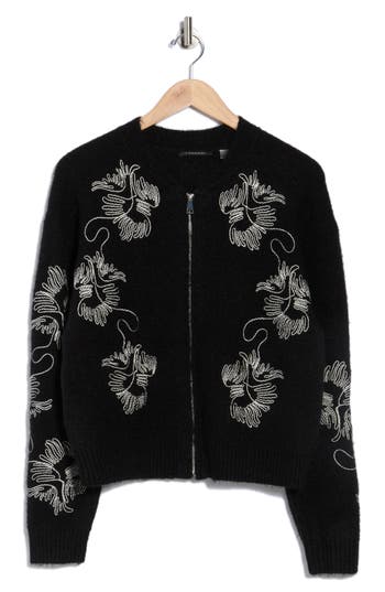 T Tahari Embroidered Full Zip Cardigan In Black