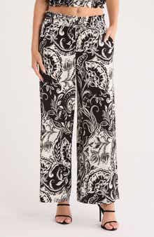 Ellen Tracy Palm Outline Smocked Crop Pants