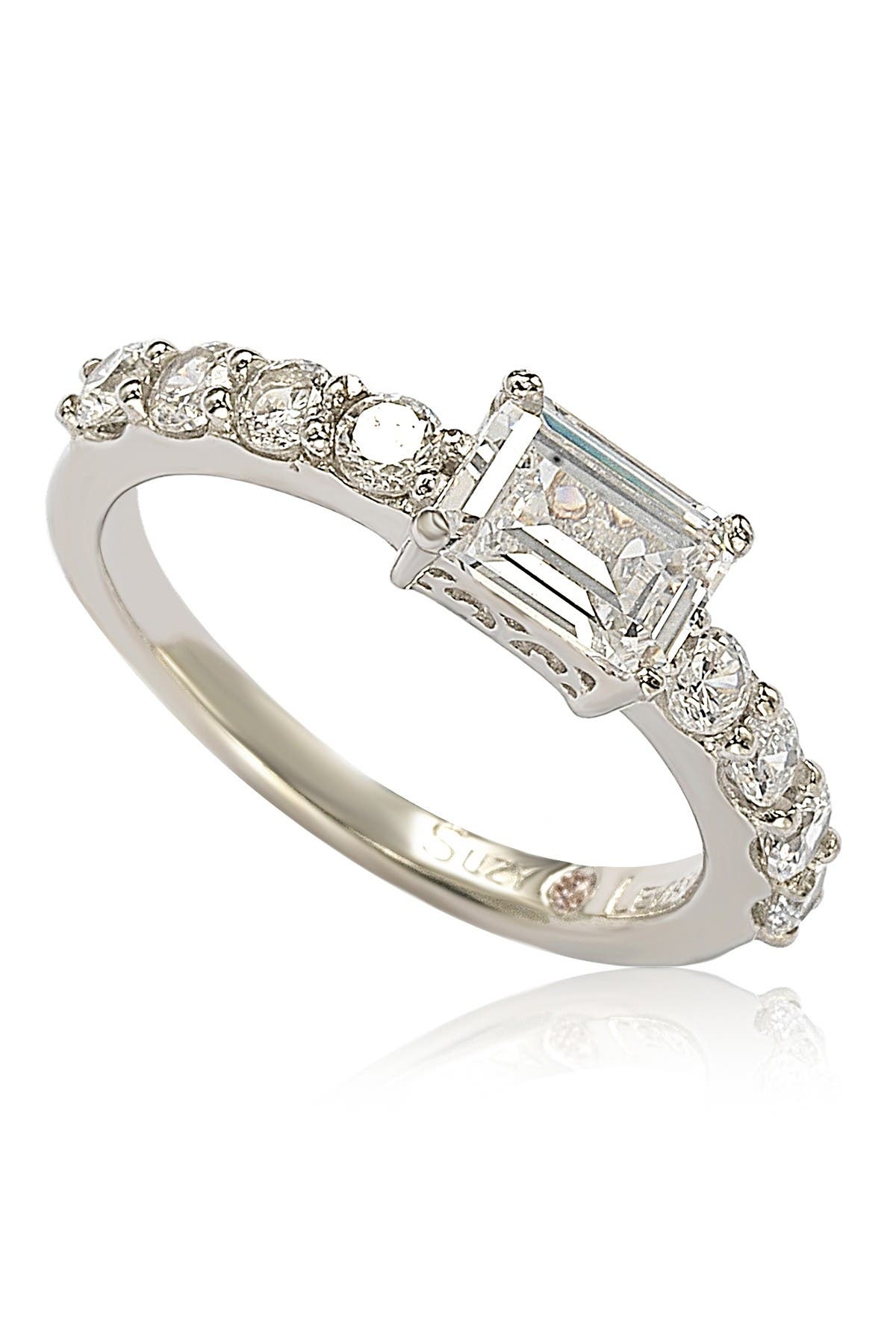 SUZY LEVIAN Sterling Silver Emerald-Cut CZ Center Stone Engagement Ring