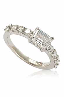 SUZY LEVIAN Sterling Silver Emerald-Cut CZ Center Stone Engagement Ring