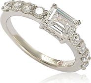SUZY LEVIAN Sterling Silver Emerald-Cut CZ Center Stone Engagement Ring
