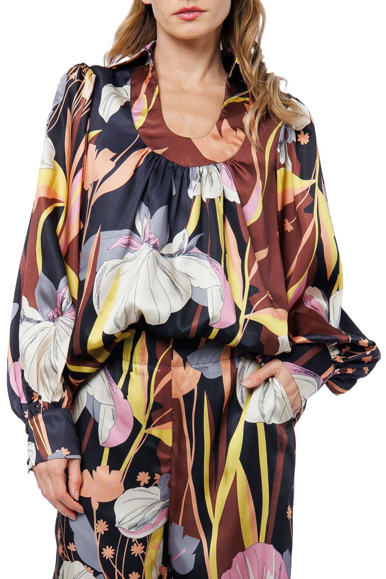 Loren Floral Satin Top, Main, color, BROWN